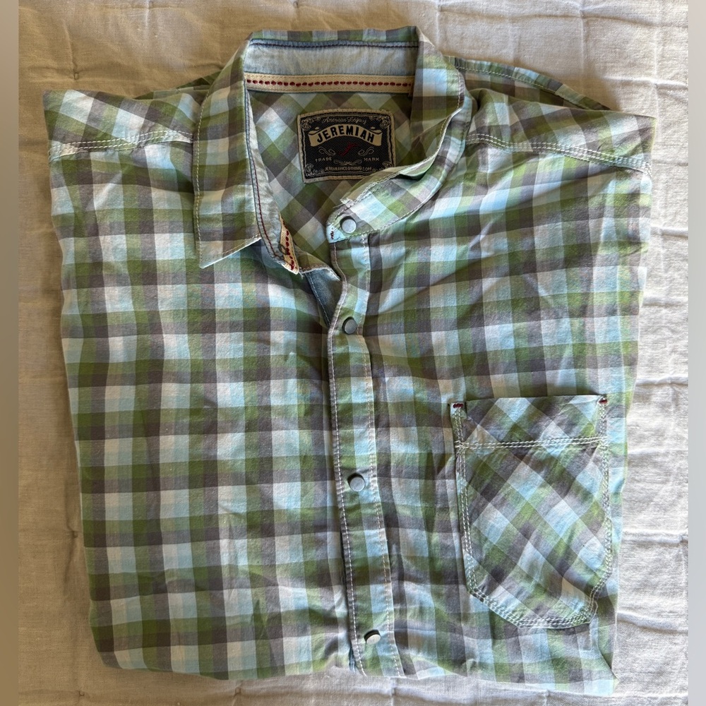 Jeremiah | Men's Green Gray Blue Checkered Plaid Shirt Size M